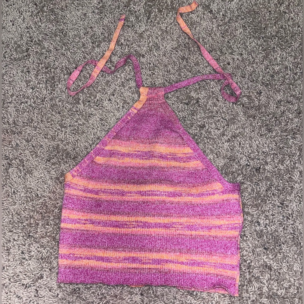 Pink and Orange Striped Halter Knit Crop Top